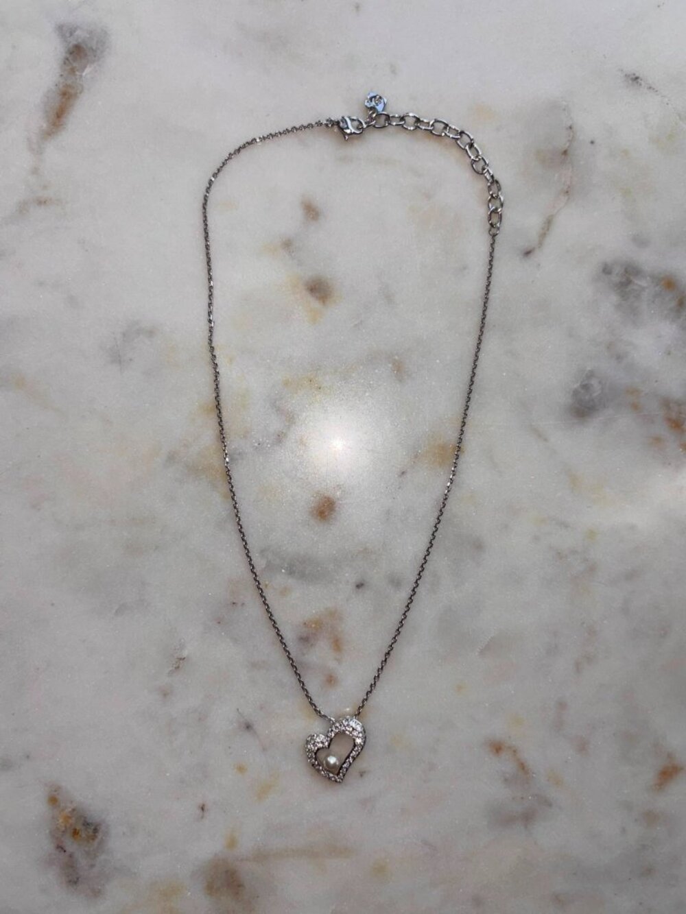 Vintage Swarovski Signed Swan Logo Pavé Crystal Open Heart & Floating Pearl Neck